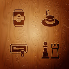 Sticker - Set Chess, Energy drink, Certificate template and Man hat on wooden background. Vector.