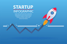 Business Startup Infographics. A Zig-zag Flying Rocket That Pierces The Line. Rise And Fall. Can Be Used For Presentation Or Websites. Easy To Edit And Replace Text. Startup Data And Steps.