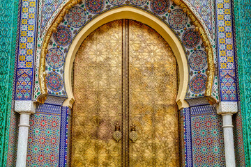 Sticker - Intricate tile patterns, metal work and plaster carvings adorning  building exteriors in Fez Morocco