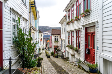 Wall Mural - Norway, in the city of Bergen , small alleys with traditional wooden houses.