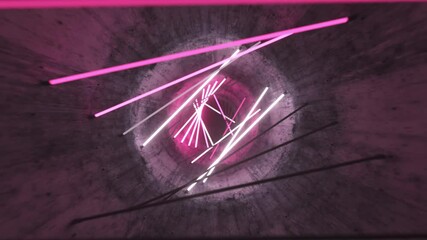 Wall Mural - Flying in a concrete tunnel with neon lighting. Halogen lamps. Abstract background. Modern pink white light spectrum. 3d animation