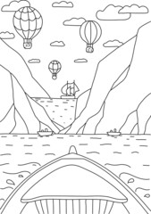 Hand drawing coloring page for kids and adults. Wild nature, sea, mountains, air balloons and boat. Romantic dinner. Beautiful drawing with patterns and small details. Coloring pictures. Vector