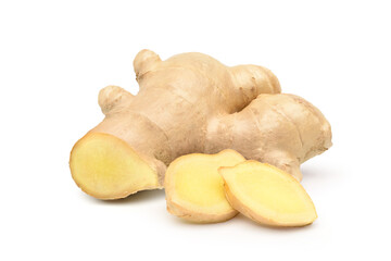 Wall Mural - Fresh ginger rhizome with sliced  isolated on white background.