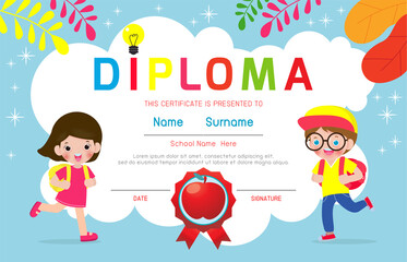 Wall Mural - Certificates kindergarten and elementary, Preschool Kids Diploma certificate background design template, Diploma template for kindergarten students, Certificate of kids diploma, vector illustration