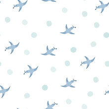 Spring Bird Seamless Pattern With Musical Notes. Seamless White Background With Blue Birds, Circles, Spots, Dots. Hand Drawn Vector Design, Simple Illustration For Fabric, Textile, Wrapping, Packaging