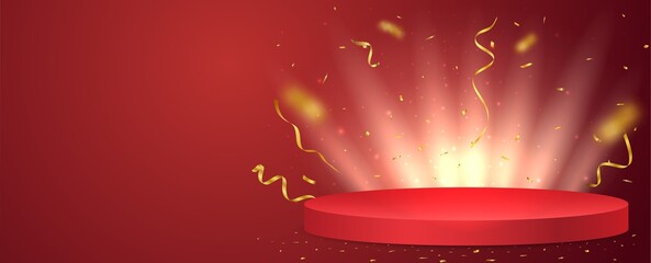 Red podium with gold confetti and light