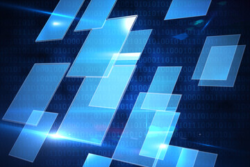Abstract illustration of blue glowing square shapes against binary coding on blue background