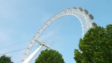 Beautiful Cinematic Slow Motion Pan Of The London Eye On A Sunny Summer's Day With Blue Skies.