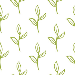 Minimalistic isolated seamless pattern with outline green branches ornament. White background.