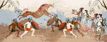Ancient Greece Banner. Hunting For Minotaur. Minoan Civilization. Classical Medieval Style. Vector Illustration