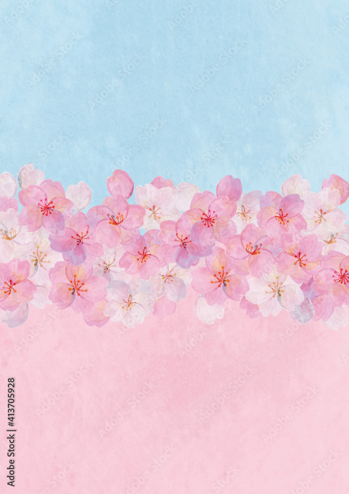 レトロな水彩 空と桜の背景素材 ソメイヨシノ 花見 和風 和柄 昭和レトロ 入学 卒業 Wall Mural Aoirokaeru