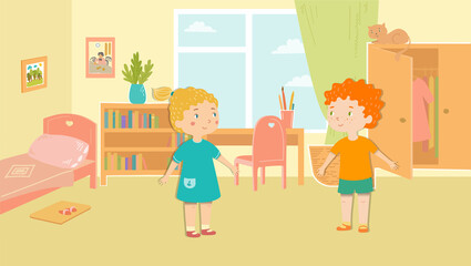 Illustration of a children's room with two children. vector. flat illustration with pastel colors