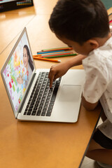 Poster - Male student having a video call with female teacher on laptop at school