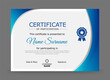 Certificate of participation design template in blue and grey colour with badge.