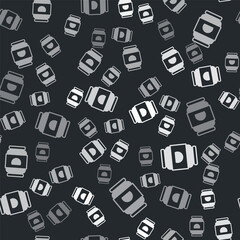 Sticker - Grey Beer can icon isolated seamless pattern on black background. Vector.