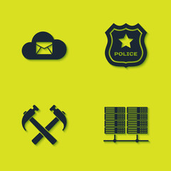 Sticker - Set Cloud mail server, Server, Data, Web Hosting, Two crossed hammers and Police badge icon. Vector.