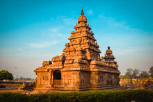 Shore Temple In Morning Light Built By Pallavas Is UNESCO World Heritage Site Located At Great South Indian Architecture, Tamil Nadu, Mamallapuram Or Mahabalipuram