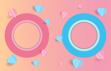 Paper cut elements in shape of heart and cloud with circle frame with a greeting on pink and sweet  background. Vector symbols of love for Happy Valentine's Day, greeting card design.