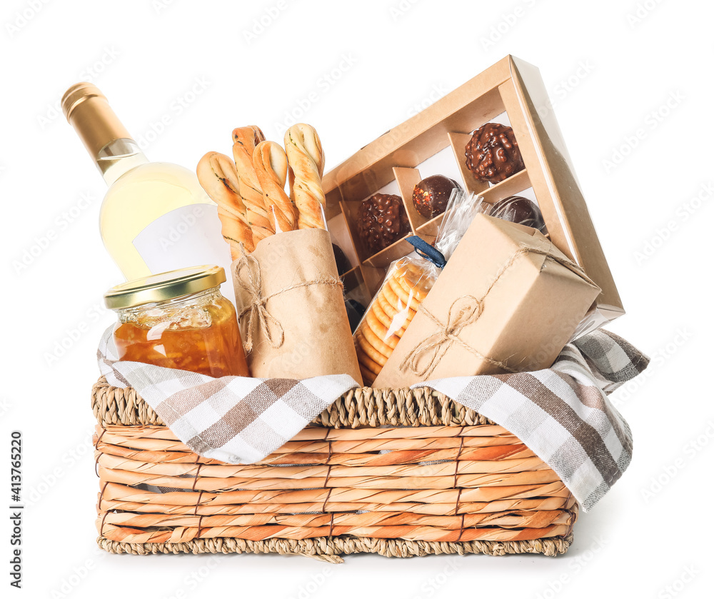 Gift basket with products on white background
