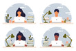 © Lapalovee - Home office concept, man and woman working from home, student or freelancer. Set of stock illustrations in flat style. Girl with laptop.