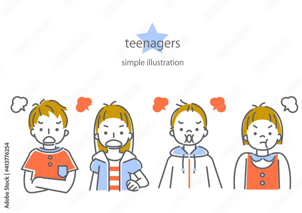 シンプルでおしゃれな線画の10代の子供たち4人の表情別イラスト素材セット 怒る Fototapety