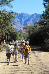 group of kids hiking in mountain