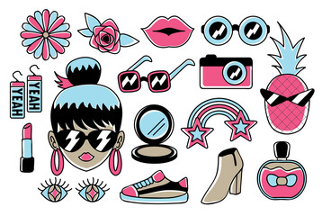 fun and cool fashion stuff doodle vector. Retro art vector style.