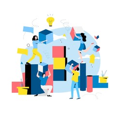 Team work and team building, corporate organization and partnership, problem solving, creative solution, innovative business approach, brainstorming, unique ideas and skills flat vector illustration