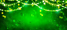 St. Patrick's Day Abstract Green Background Decorated With Shamrock Leaves. Patrick Day Pub Party Celebrating. Abstract Border Art Design Magic Backdrop. Widescreen Clovers On Black With Copy Space