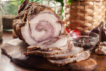 Canvas Print - Baked pork belly roulade. Bacon rolls