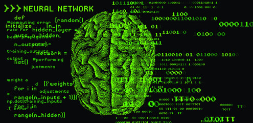 Human brain on the dark background with binary code. 3D illustration of the cerebrum made in refrofuturistic cyberpunk pixel art style.