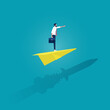© treety - Business start up and motivation vector concept, Businessman standing on paper planes and flying with shadow of rocket over the wall