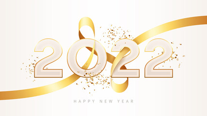 Wall Mural - 2022 Happy New Year banner. 2022 New Year holiday symbol template with golden gradient, golden satin ribbon and confetti. Vector illustration.