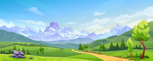 Mountain Landscape With Green Hills, Sandy Road And Natural Valley. Vector Picturesque Place Background, Green Fir Trees And Rocks. Snowy Mounts, Scenic Hills, Spring Or Summer Nature, Blue Sky