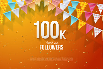 100k followers with numeric illustration under colorful flags on orange background.