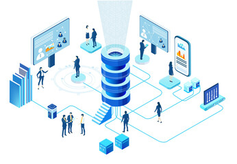 Isometric 3D Internet datacenter, server room, web administrator hosting concept  with business people. Technology, success, internet, data protection and personal security infographic illustration