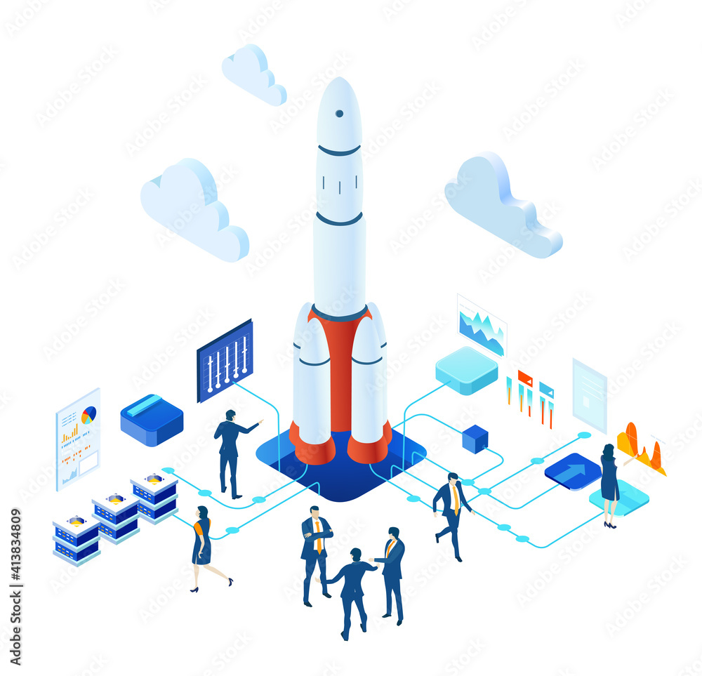 Rocket launch, new start up. Isometric 3D business environment ...