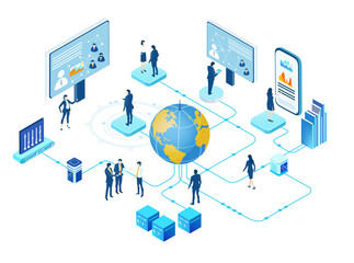  Isometric Internet datacenter, server room, web administrator hosting concept  with business people working around globe. Technology, success, internet, data protection 