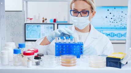 Canvas Print - Professional team of scientists is working on a vaccine in a modern scientific research laboratory. Genetic engineer workplace. Future technology and science.