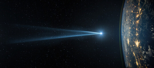 Wall Mural - comet, asteroid, meteorite flying to the planet earth against the background of the starry night sky