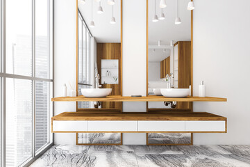 White and wooden bathroom with two sinks and window, tiled floor