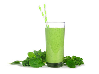 Green smoothie with kale and spinach in a glass. Side view with ingredients isolated on a white background.