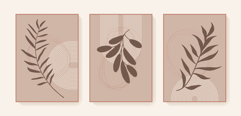 Vector minimal boho triptych exotic prints. Bohemian tropical feminine botanical posters. Boho style wall art home decor. Earth tone neutral colors. Scandinavian design wall prints