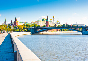 Prechistenskaya Embankment and Moscow Kremlin view. Sunny summer morning. Russia