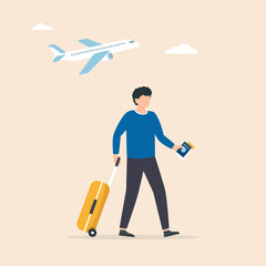 Wall Mural - Traveler walking through the airport with a wheel suitcase. Tourist man going on boarding to plane. Vector illustration