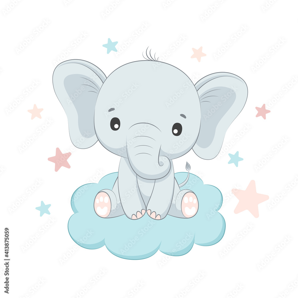 Vector illustration with cute elephant that seeting on the cloud. Stock ...