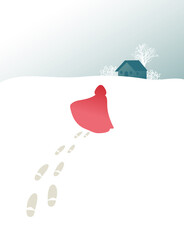 Snowy landscape, little house and trees in the background, image of a person with a red hood in the distance. Footprints on snow