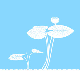 Sticker - White silhouette of water-lily plant with leaves and flower on blue background