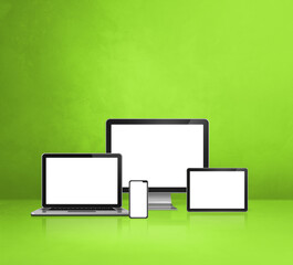 computer, laptop, mobile phone and digital tablet pc. green background