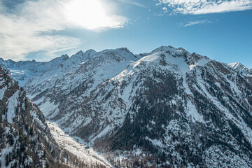 Poster - Valley and Mountains in winter with the sun , Cogne, Aosta Valley, Italy